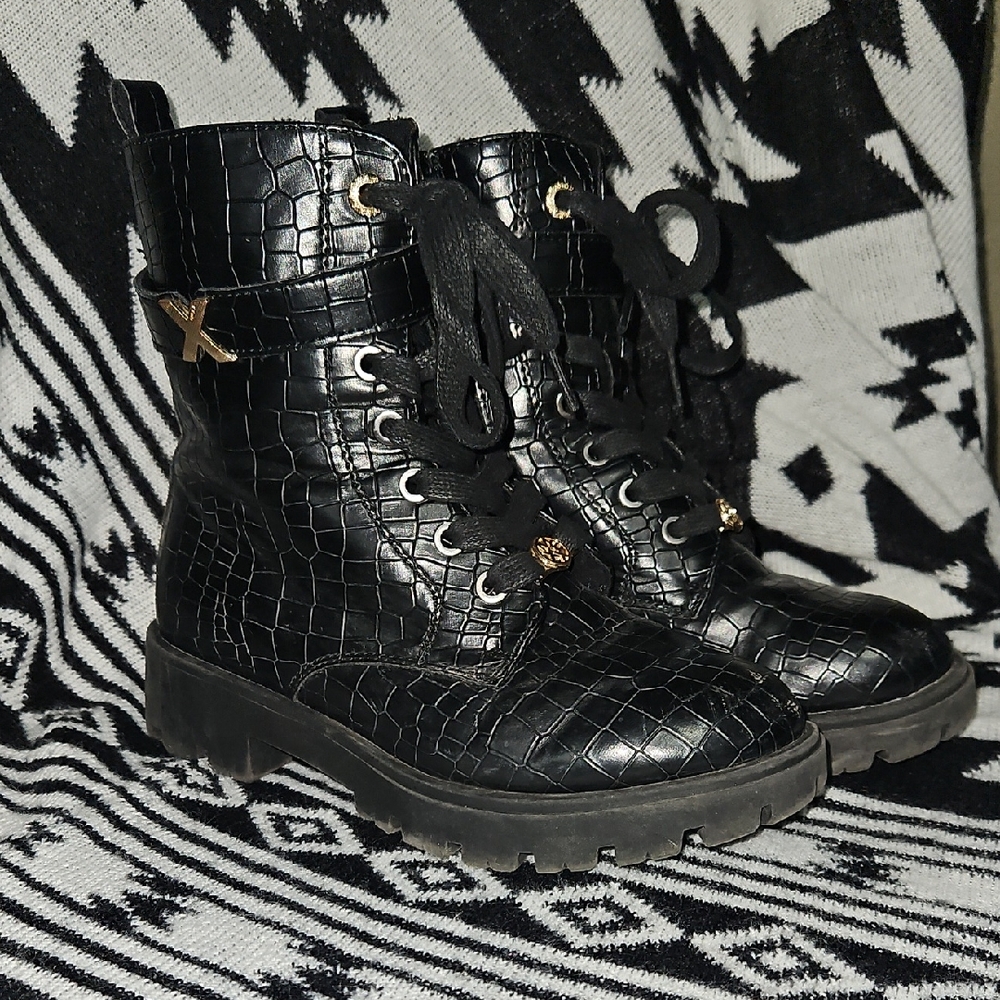 9. Mexx Kids Black Crocodile Style Ankle Combat Boots